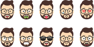 A set of 10 'dadmojis' for various common reactions. Each emoji features a man with a beard and glasses making an expression including smiling, throwing up, crying, and looking angry.